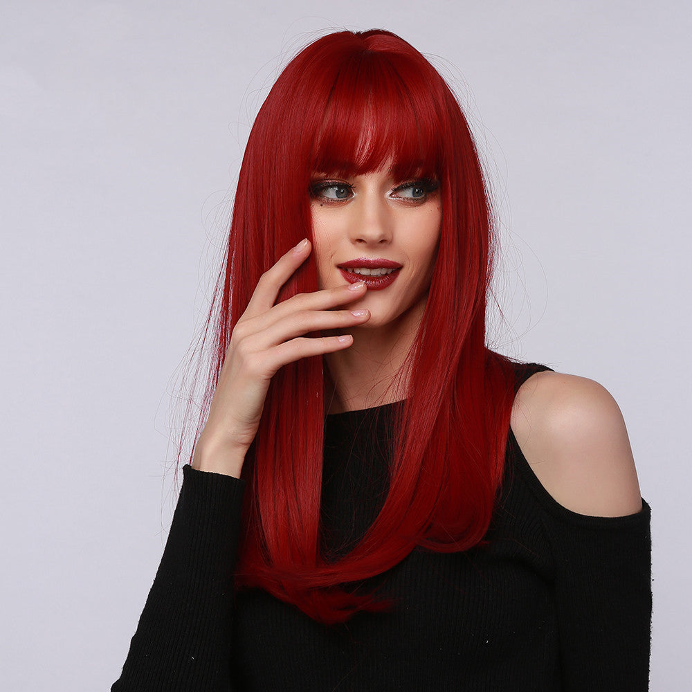 Red Brown Black Multicolor Qi Bangs Medium Length Straight Hair