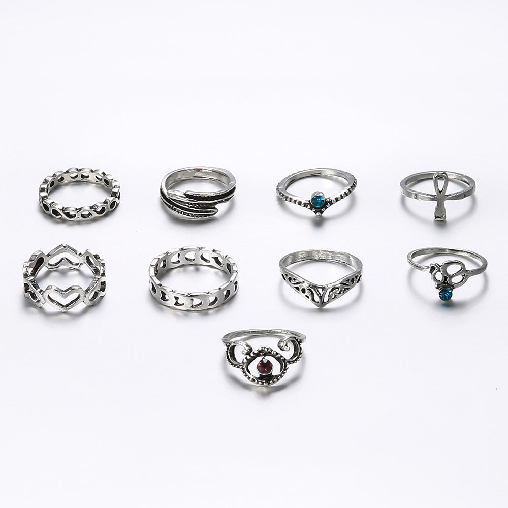 Vintage Inlaid Gemstone Carved Knuckle Rings Hollow Heart 9-piece Ring