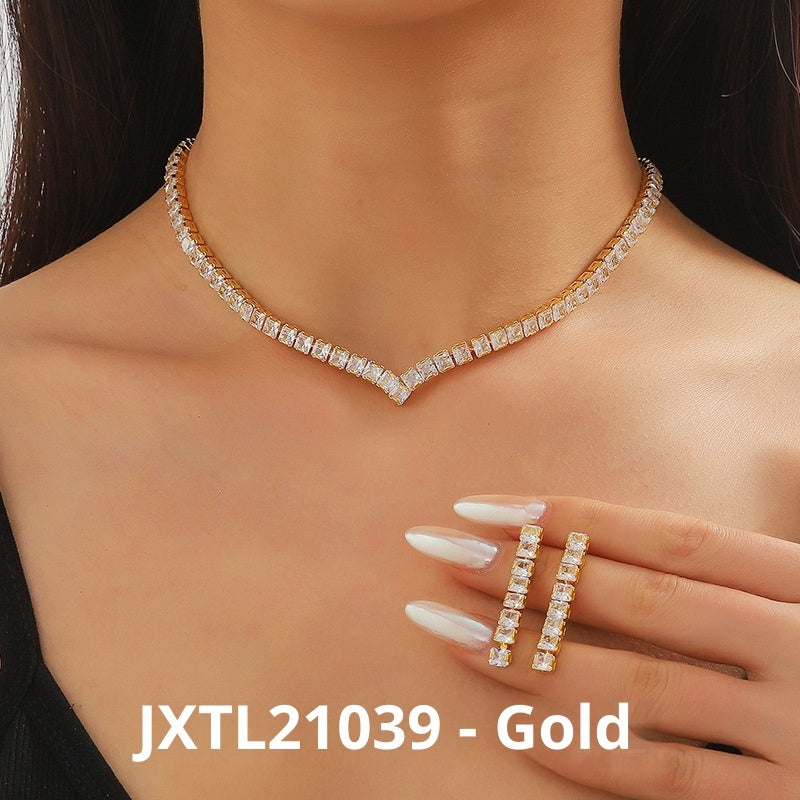 Full Diamond Zircon Necklace Earrings Simple Set