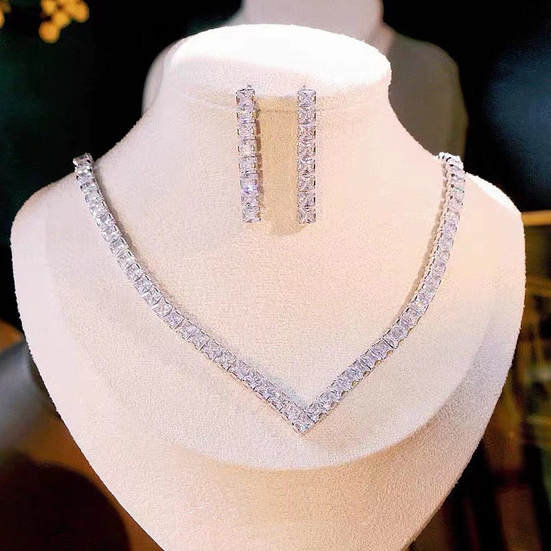 Full Diamond Zircon Necklace Earrings Simple Set