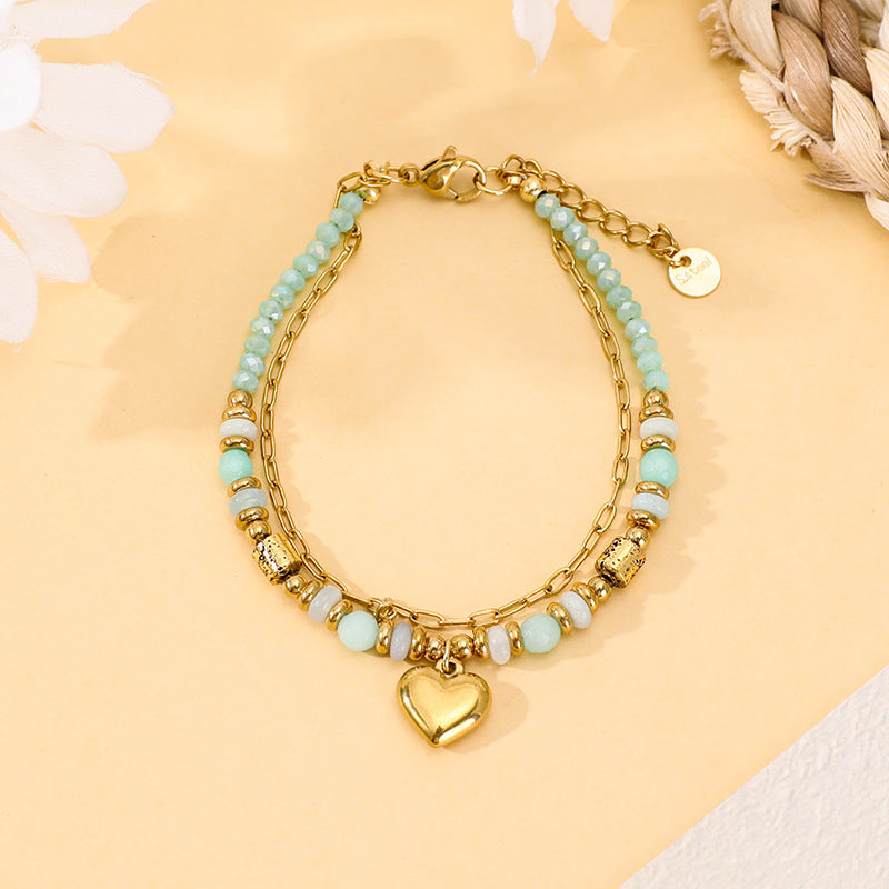 Bohemian Style Natural Stone Bead Crystal Peach Heart Bracelet