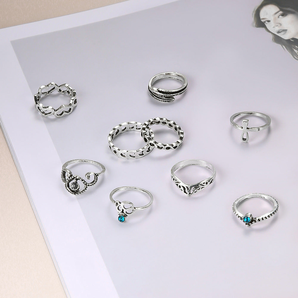 Vintage Inlaid Gemstone Carved Knuckle Rings Hollow Heart 9-piece Ring