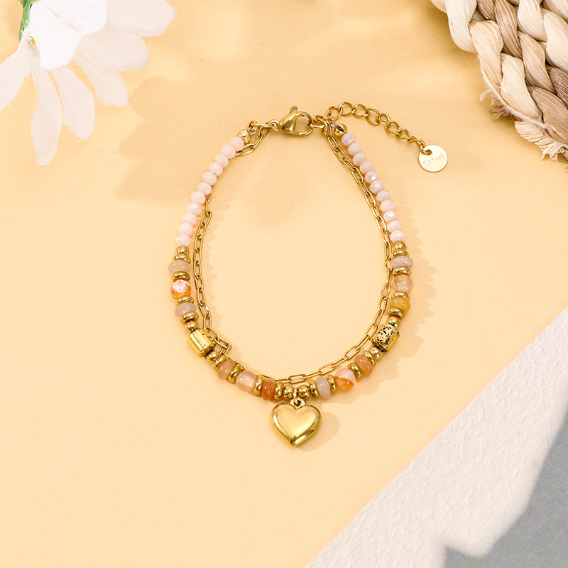 Bohemian Style Natural Stone Bead Crystal Peach Heart Bracelet