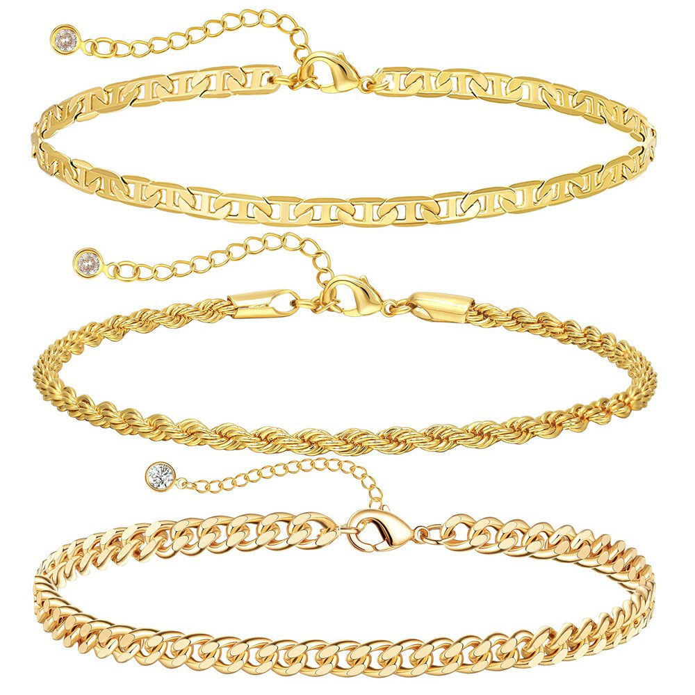 Stainless Steel Cuban Chain Three Piece Set Exquisite Beaded Fried Dough Twists Chain