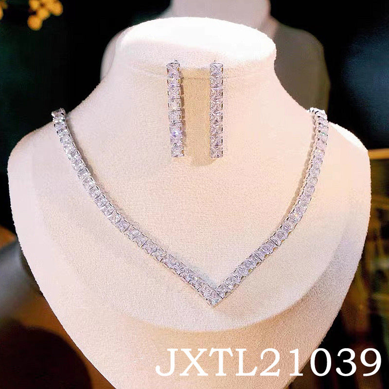 Full Diamond Zircon Necklace Earrings Simple Set