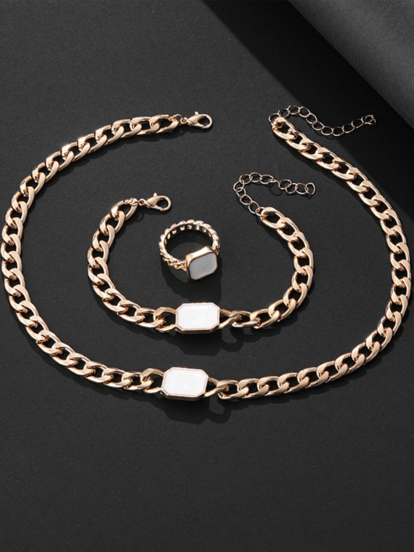 Geometric Square Chain Necklace Bracelet Ring Jewelry Set