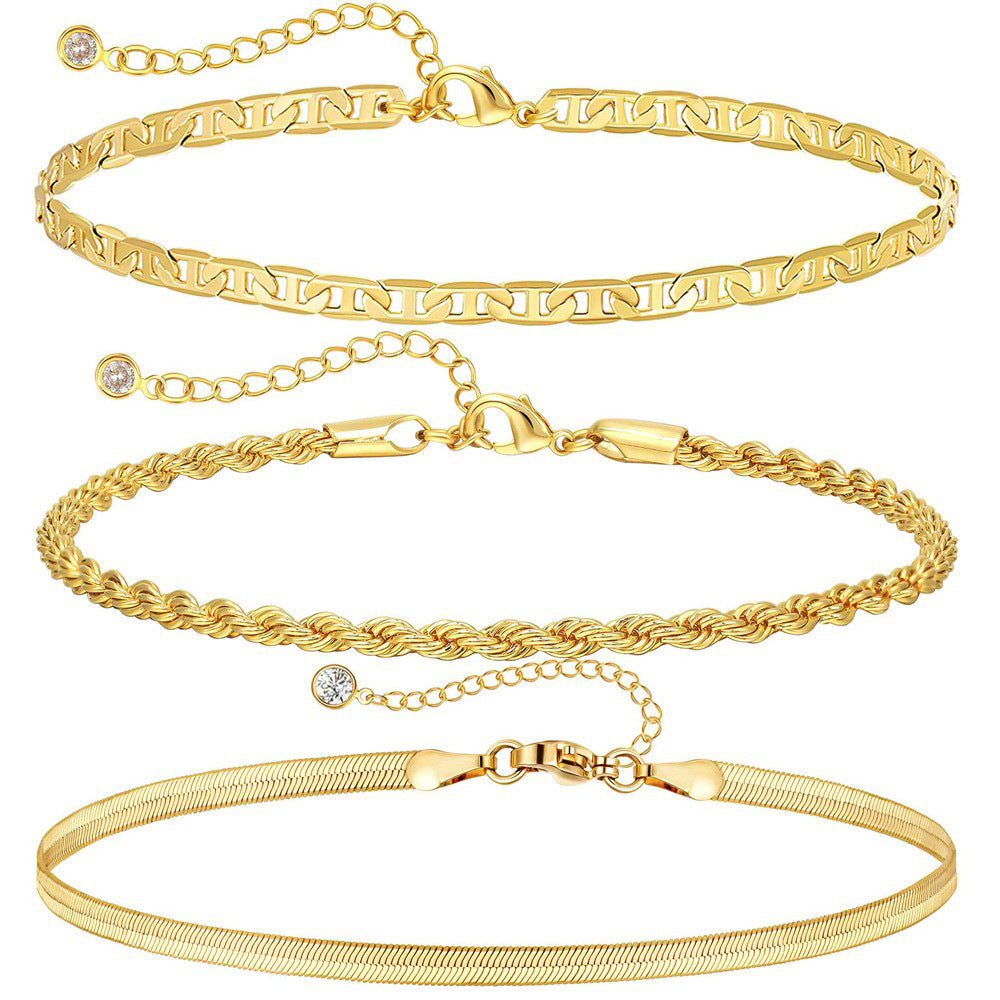 Stainless Steel Cuban Chain Three Piece Set Exquisite Beaded Fried Dough Twists Chain