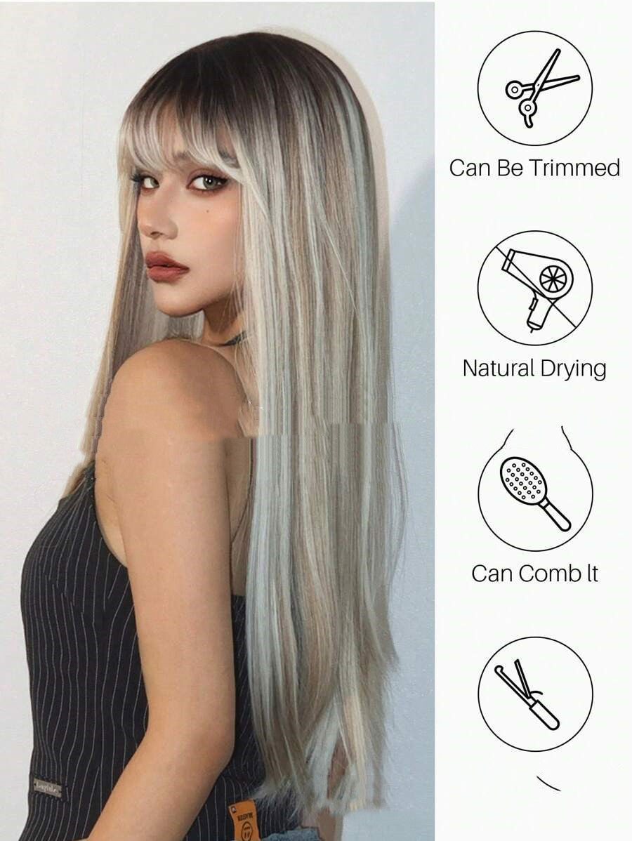 Head Dyed Bangs Long Straight Hair High-temperature Fiber Wigs