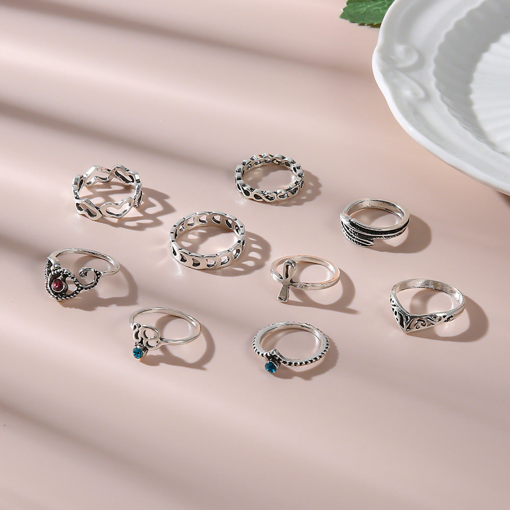 Vintage Inlaid Gemstone Carved Knuckle Rings Hollow Heart 9-piece Ring