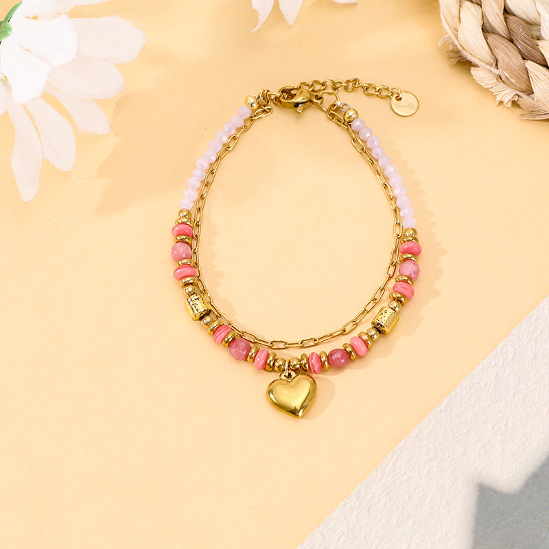 Bohemian Style Natural Stone Bead Crystal Peach Heart Bracelet